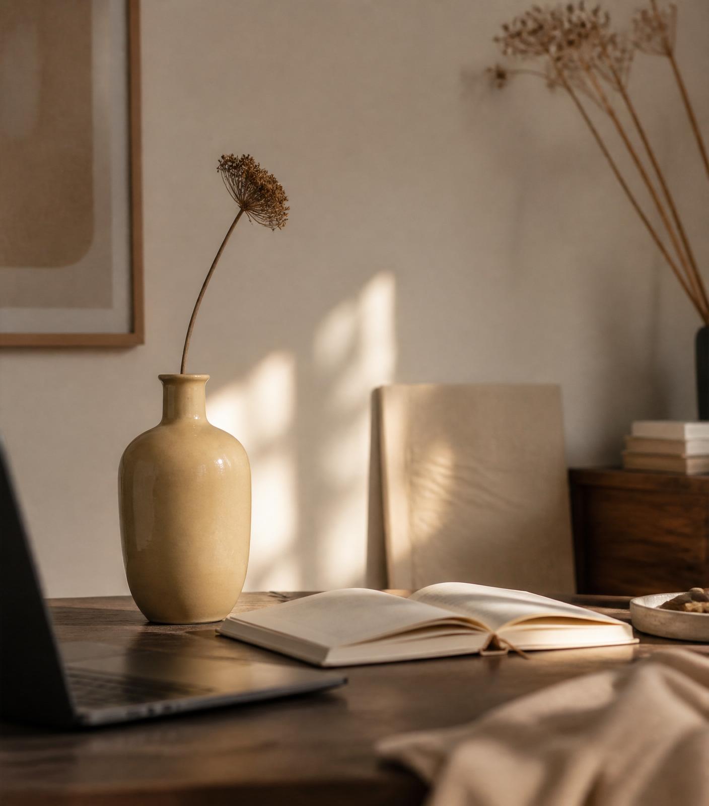 Quiet studio desk in warm afternoon light with a notebook, ceramic vase and laptop